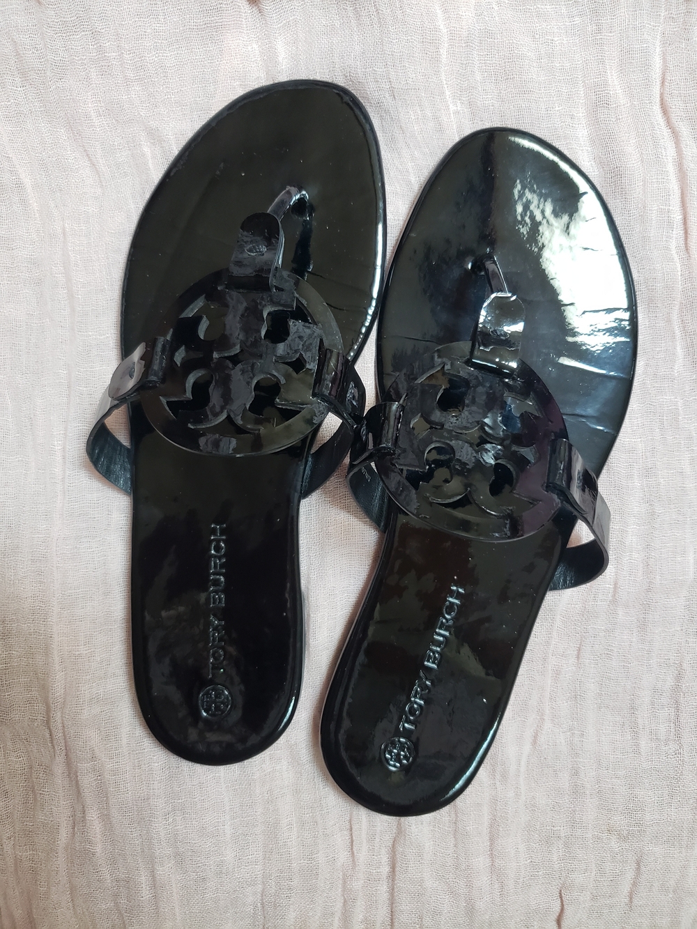 Tory Burch Black Patent Logo Thong Sandals